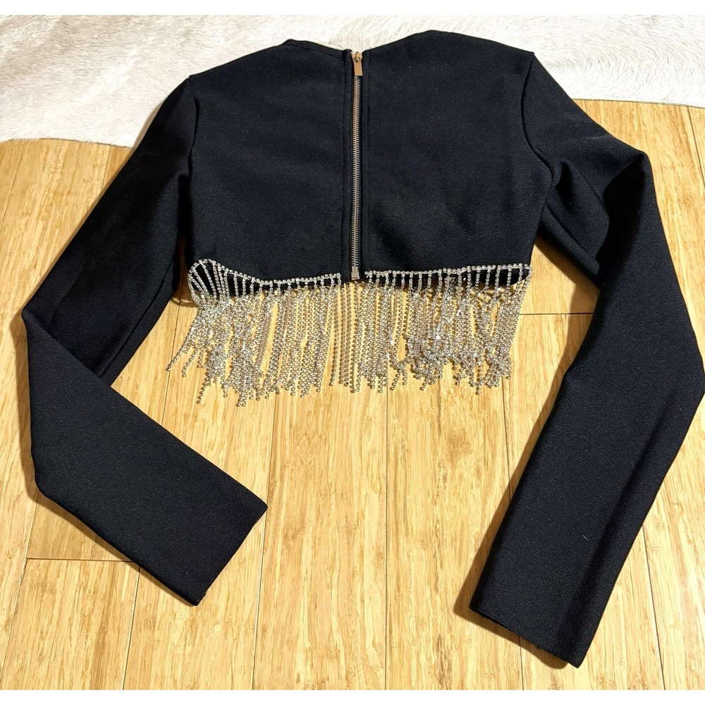 Guilty Of Glam Black Rhinestone Fringe Long Sleeve Women's Back Zip Top Size S - Picture 3 of 3